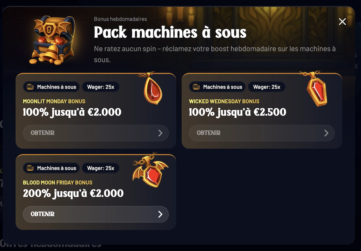 Page des bonus hebdomadaires de Dracula Casino pr&eacute;sentant le pack machines &agrave; sous avec offres jusqu&rsquo;&agrave; 200 % et wager 25x