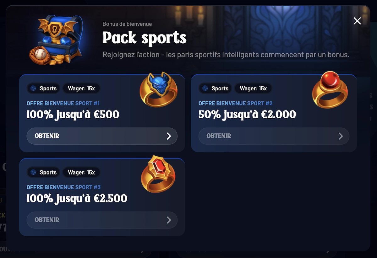 Page du pack sports de Dracula Casino avec bonus de bienvenue jusqu&rsquo;&agrave; 2 500 &euro; et wager 15x