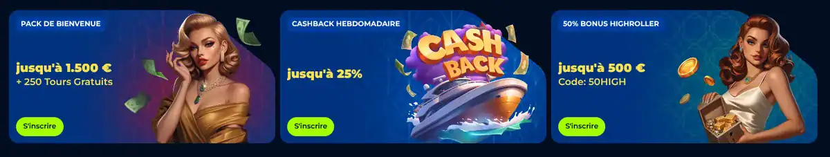 pack de bienvenue de 1500 euros et 250 tours gratuits, cashback hebdomadaire et bonus highroller sur le casino en ligne Billionaire Spin