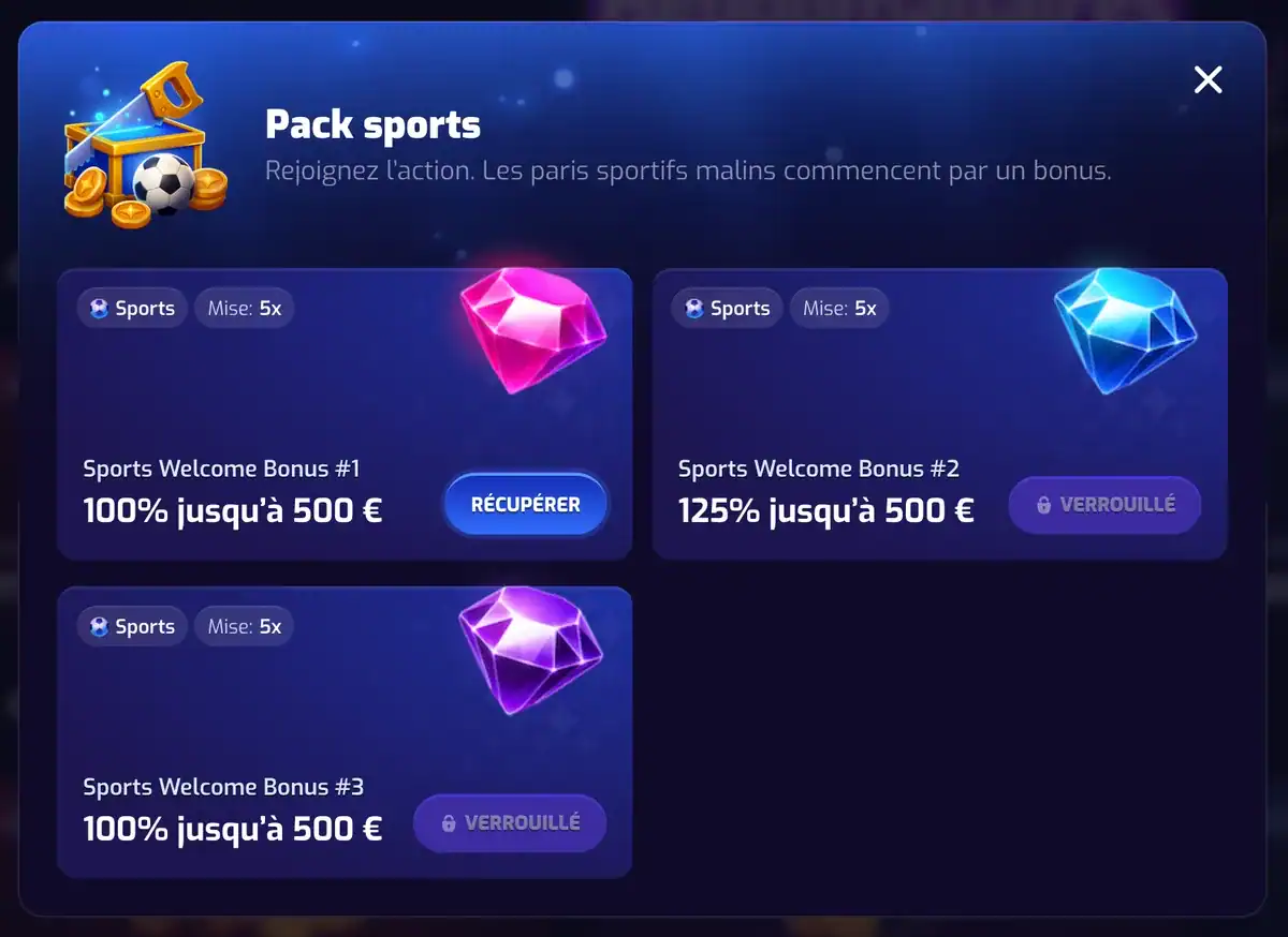 Le pack sports de trixino casino avec ses 3 bonus bienvenue pour les paris sportifs et un wager x5.