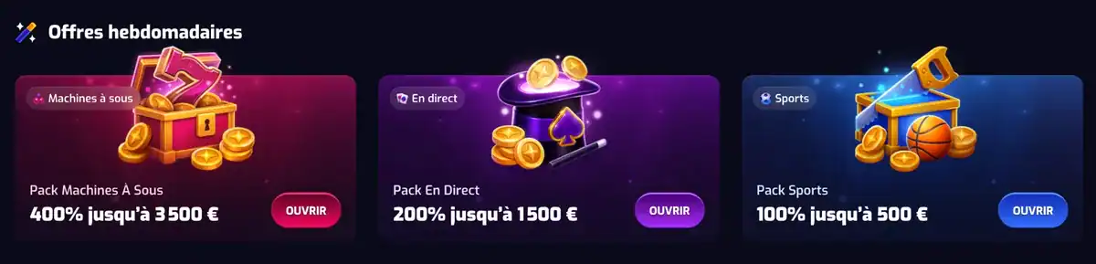 Les packs de dépôt la semaine sur trixino casino, avec jusqu'à 3 500 € les machines à sous.
