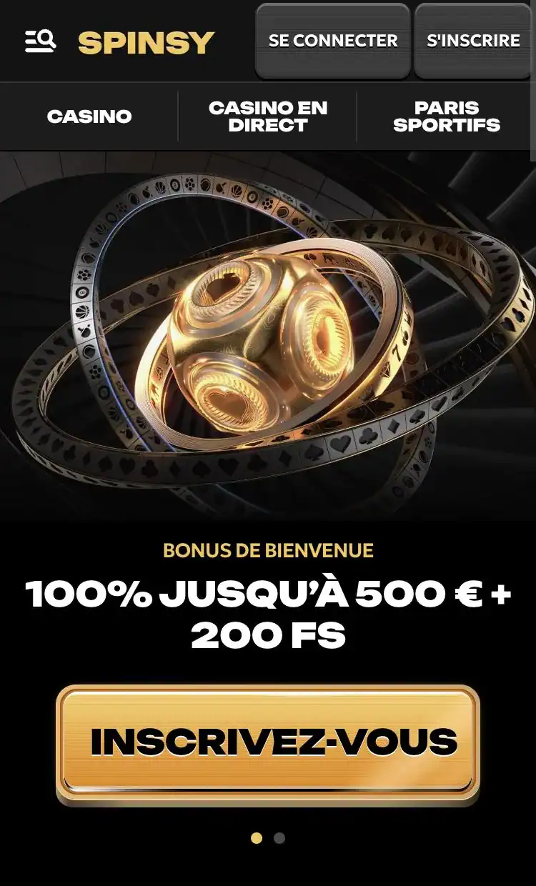 Page d’accueil de Spinsy Casino sur mobile, avec le menu casino, casino en direct et paris sportifs.