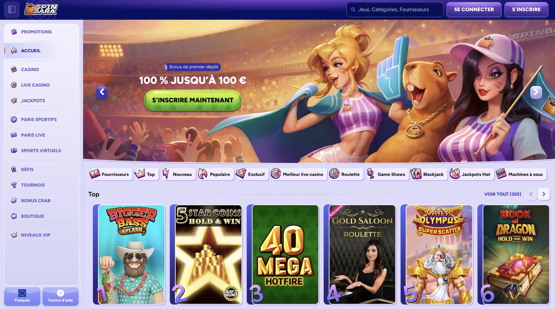 page d'accueil en fran&ccedil;ais de Spinbara casino