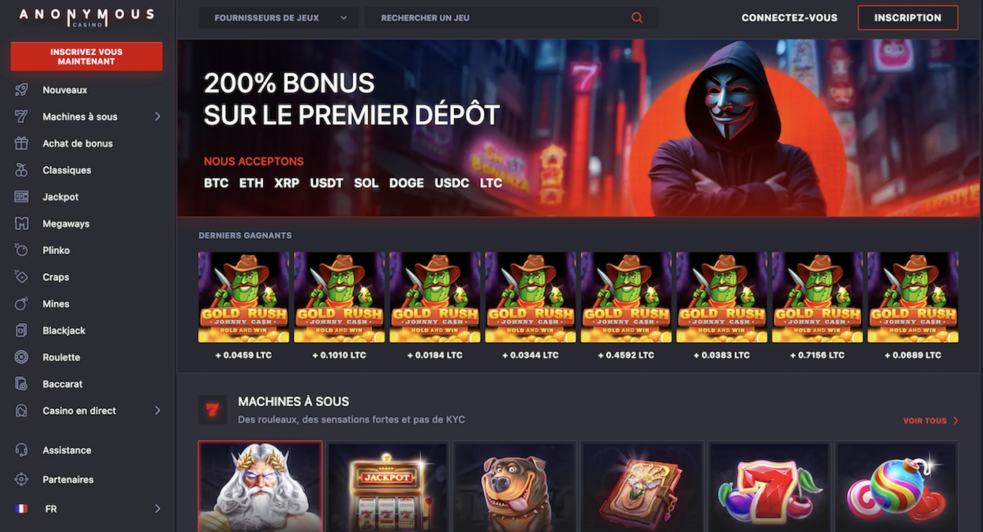 Page d&rsquo;accueil d&rsquo;Anon Casino avec bonus 200 % en crypto et machines &agrave; sous en vedette