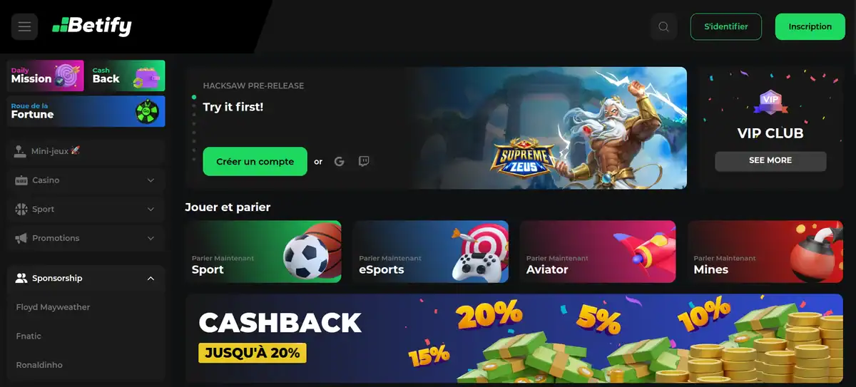 Page d'accueil du casino en ligne Betify avec le menu mini-jeux, sport et casino, et la promo cashback jusqu'à 20 %