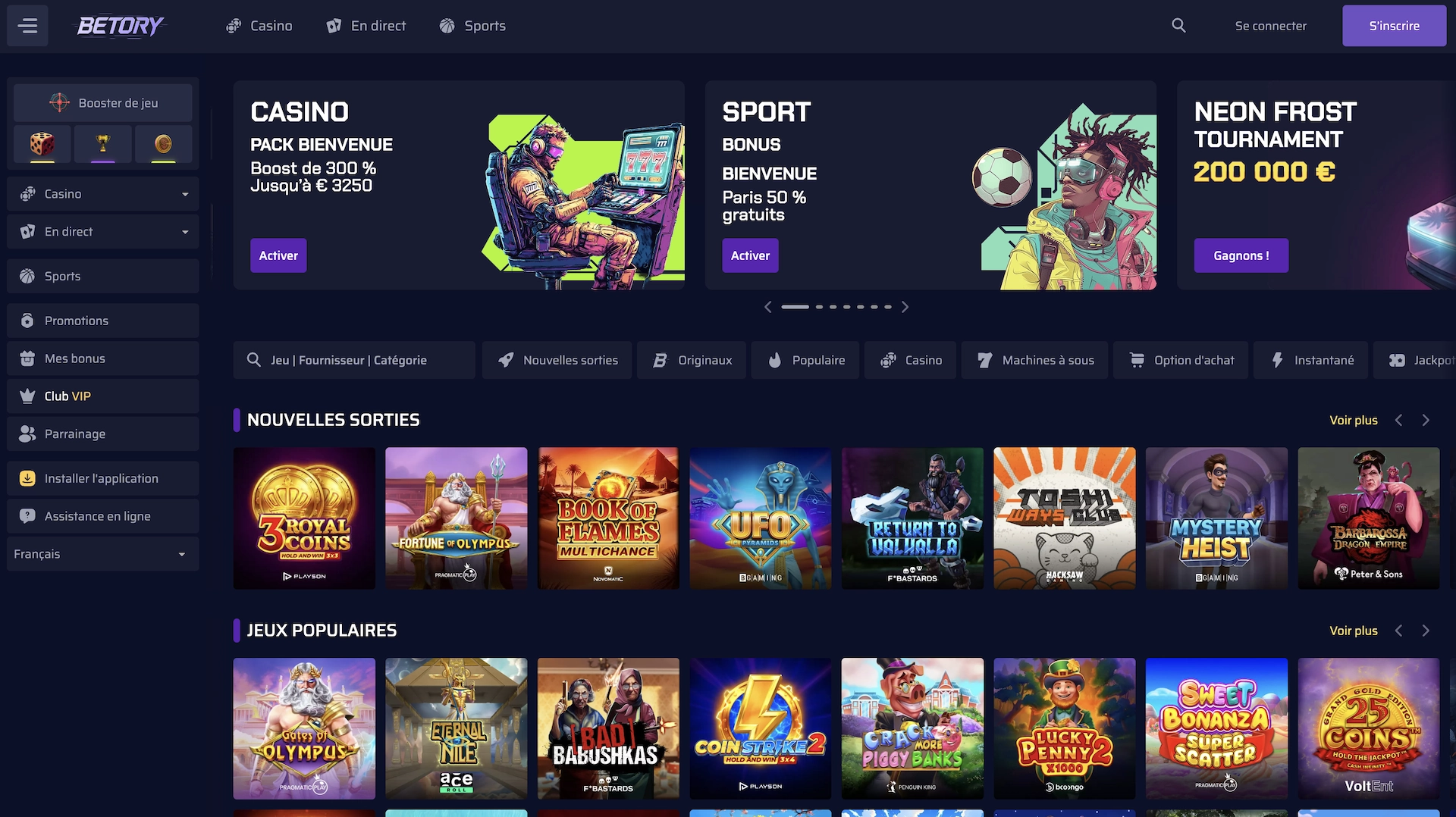 Page d&rsquo;accueil de Betory Casino en fran&ccedil;ais affichant les bonus de bienvenue casino et sport, un bandeau promotionnel et une grille de machines &agrave; sous r&eacute;centes