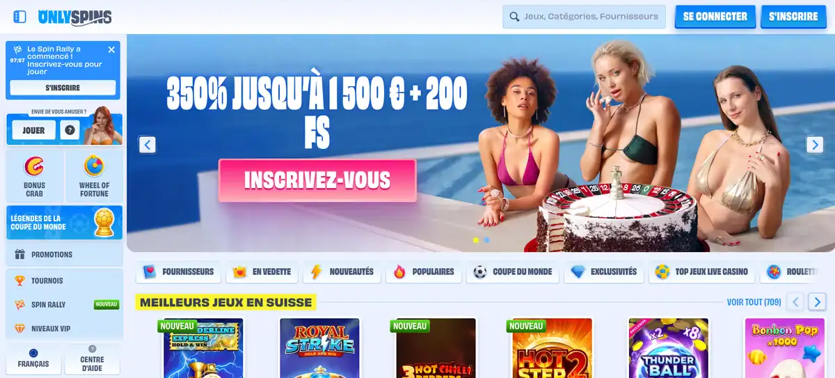 Page d’accueil de OnlySpins Casino avec la bannière du bonus de bienvenue de 350 % jusqu’à 1 500 euros et 200 tours gratuits.