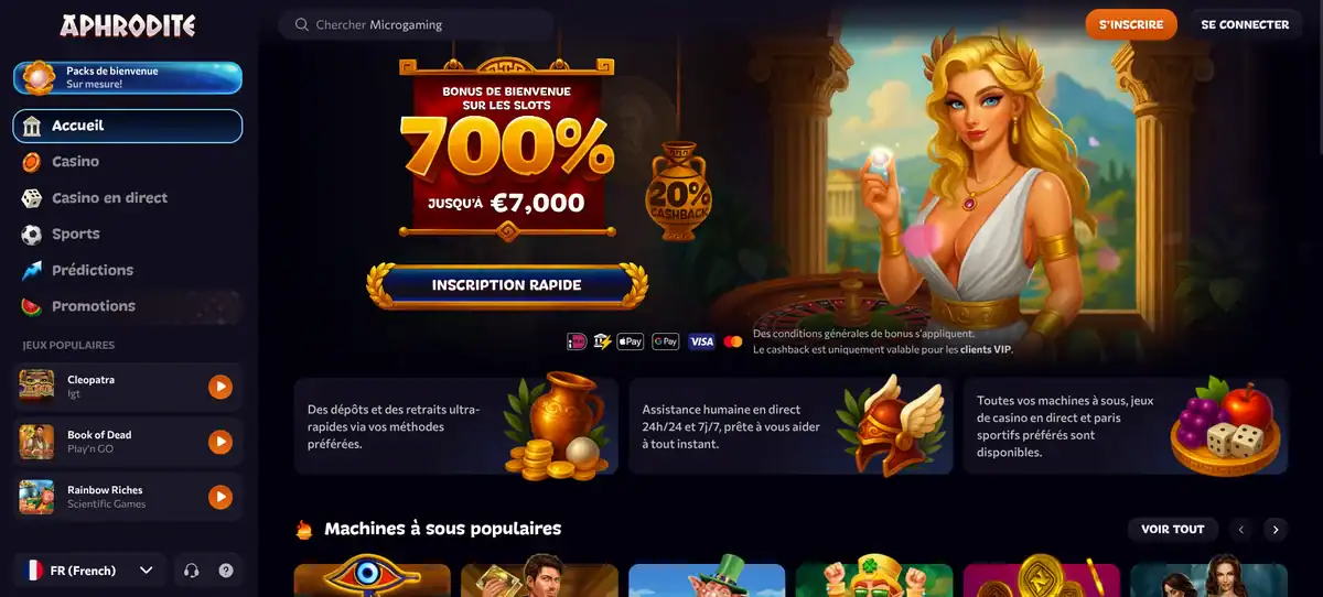 Page d’accueil d’Aphrodite Casino affichant le bonus de bienvenue et les jeux populaires
