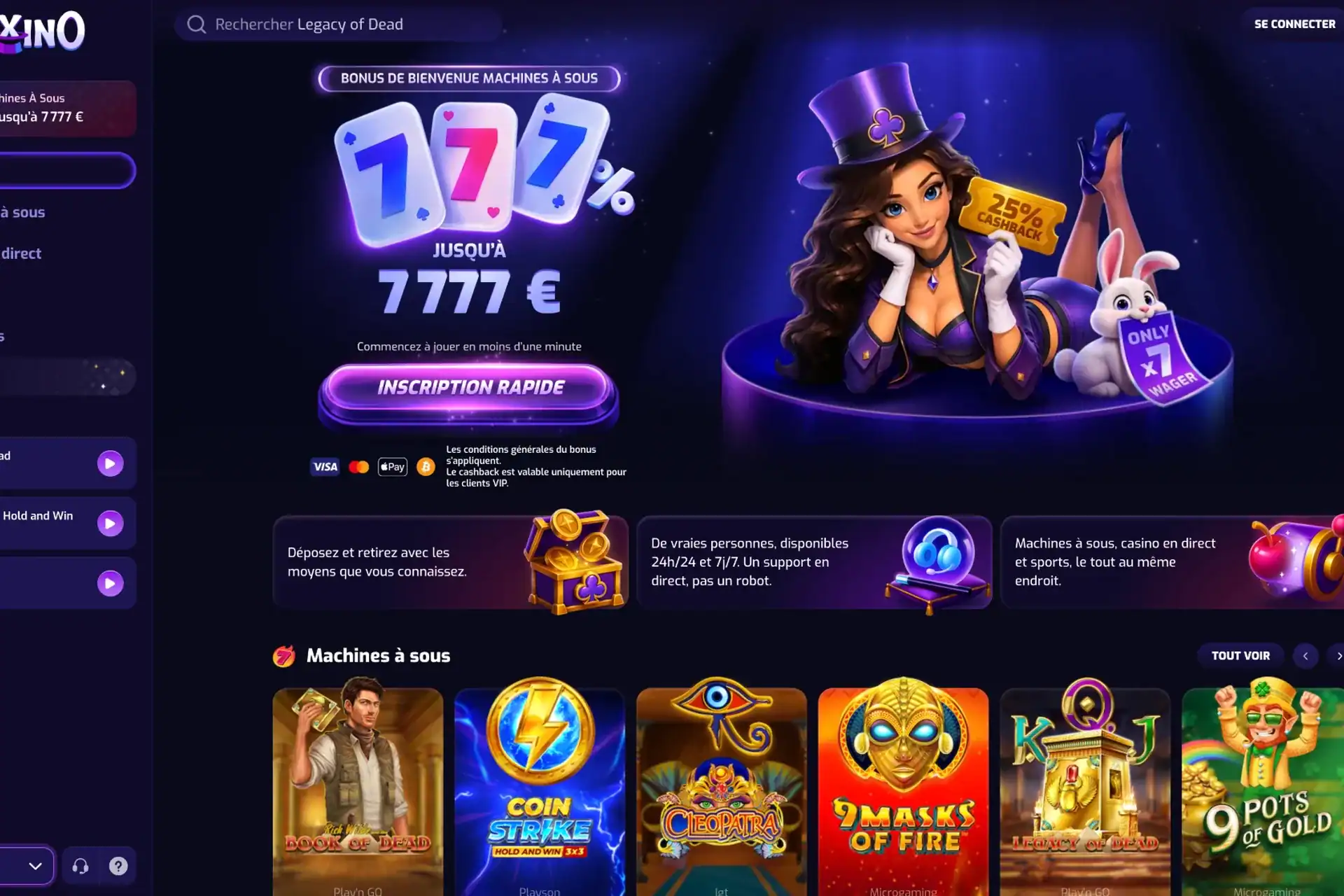 Page d'accueil du casino en ligne Trixino avec son bonus de bienvenue machines à sous de 777 % jusqu'à 7 777 €.