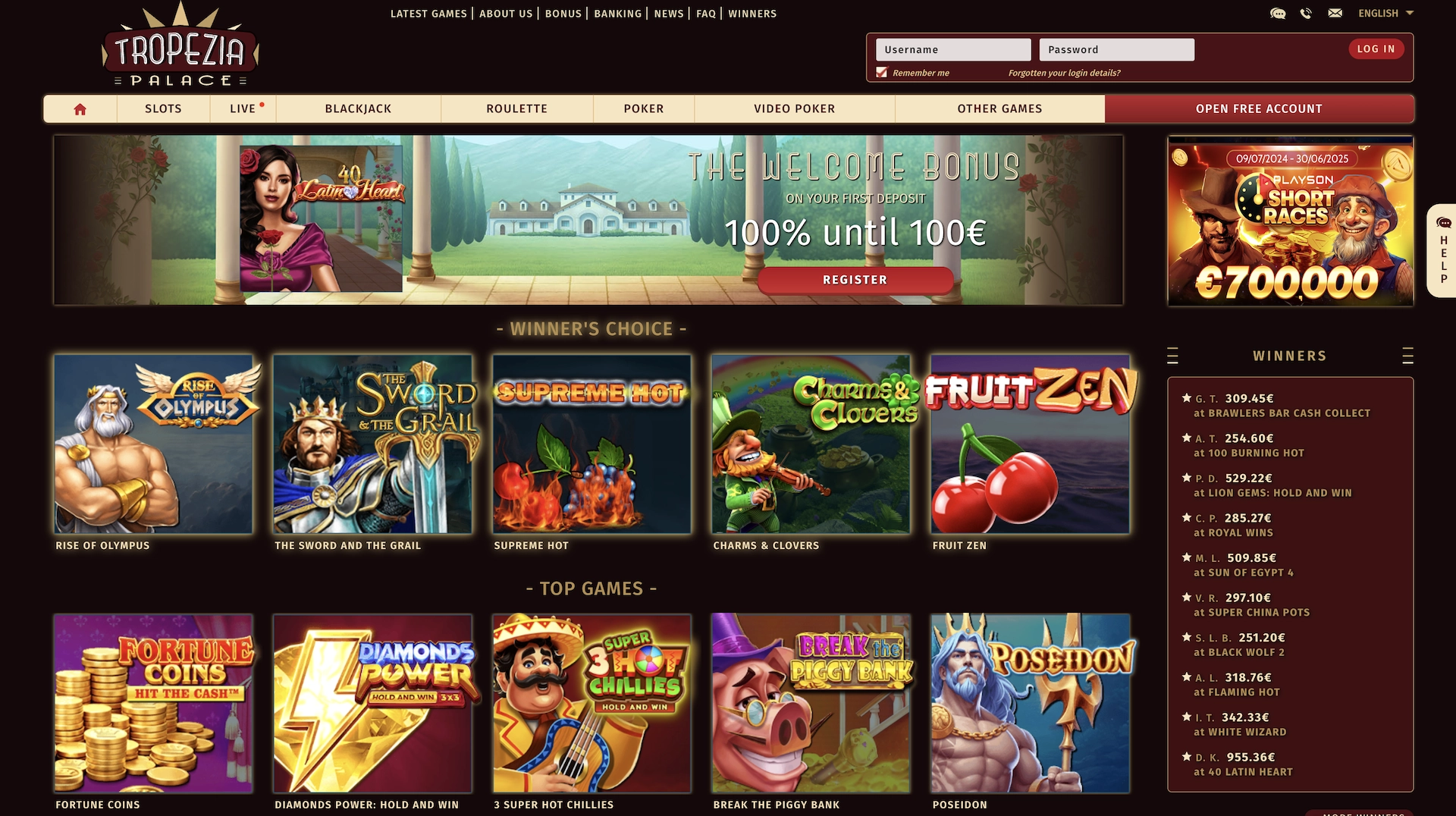 Page d&rsquo;accueil du casino en ligne Tropezia Palace avec le bonus de bienvenue 100 % jusqu&rsquo;&agrave; 100 &euro;, la s&eacute;lection de jeux populaires comme Rise of Olympus, The Sword and the Grail et Fruit Zen, ainsi que la liste des derniers gagnants.