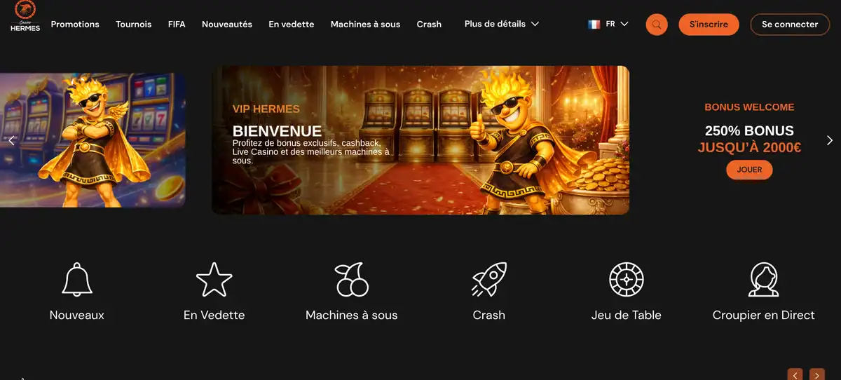 Page d'accueil de Casino Hermes avec le bonus de bienvenue à 250 % jusqu'à 2 000 €
