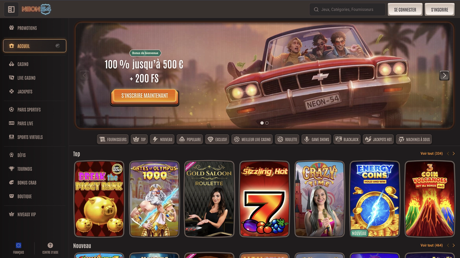 Page d&rsquo;accueil Neon54 avec menu lat&eacute;ral, bonus de bienvenue et s&eacute;lection de jeux populaires