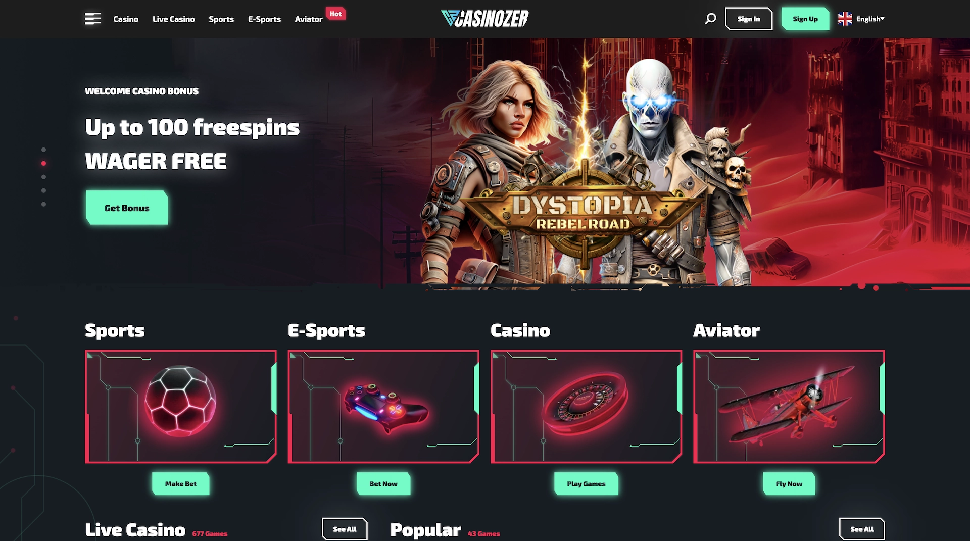 page d'accueil du site de casino en ligne Casinozer