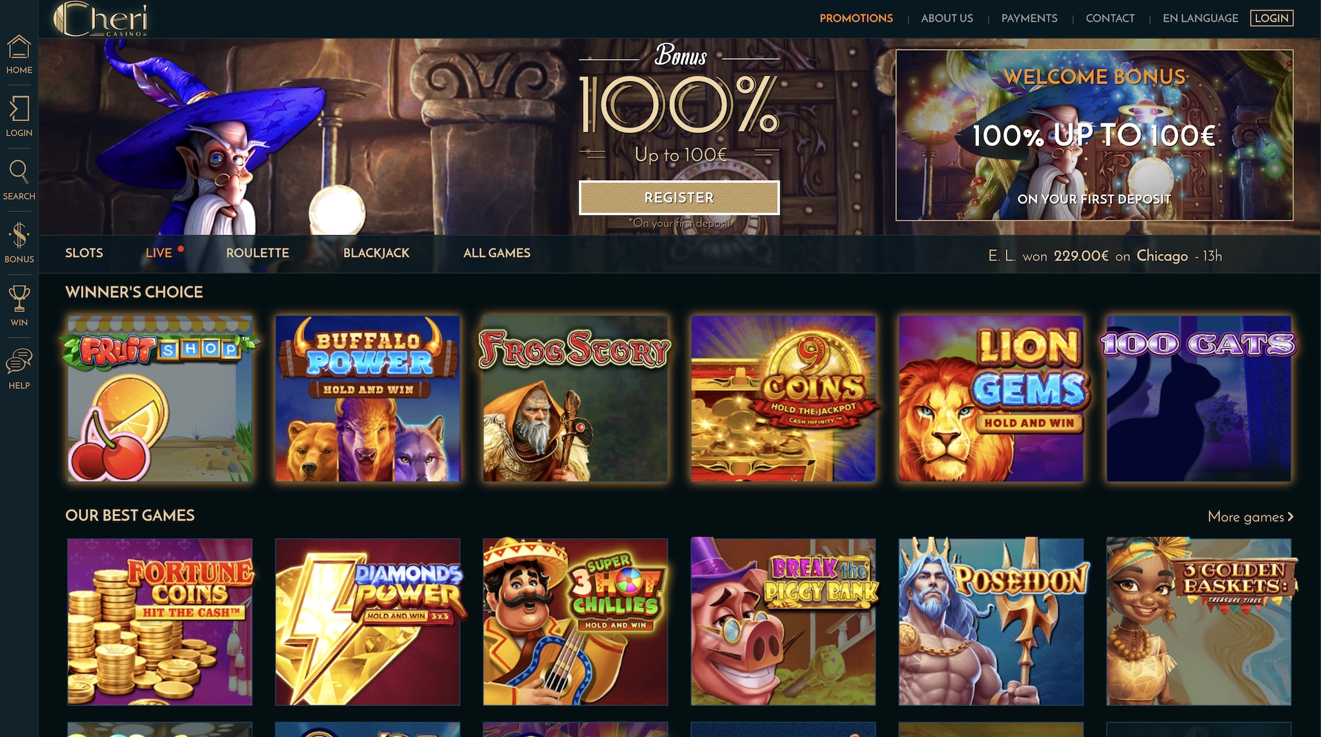 Page d&rsquo;accueil du site Cheri Casino avec bonus de bienvenue et s&eacute;lection de jeux