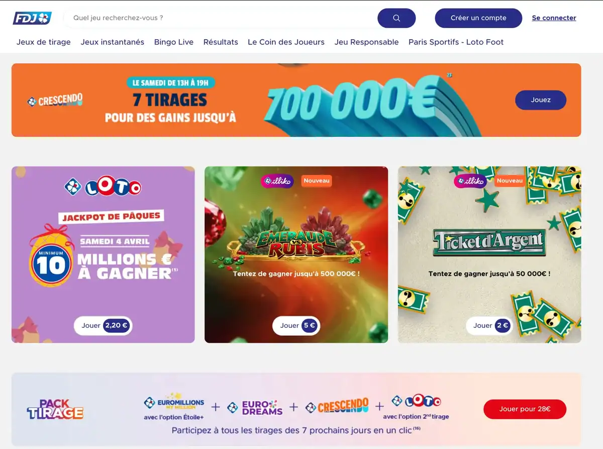 Page d'accueil du site fdj.fr avec les jeux de tirage Loto et les grattages Illiko disponibles en ligne.