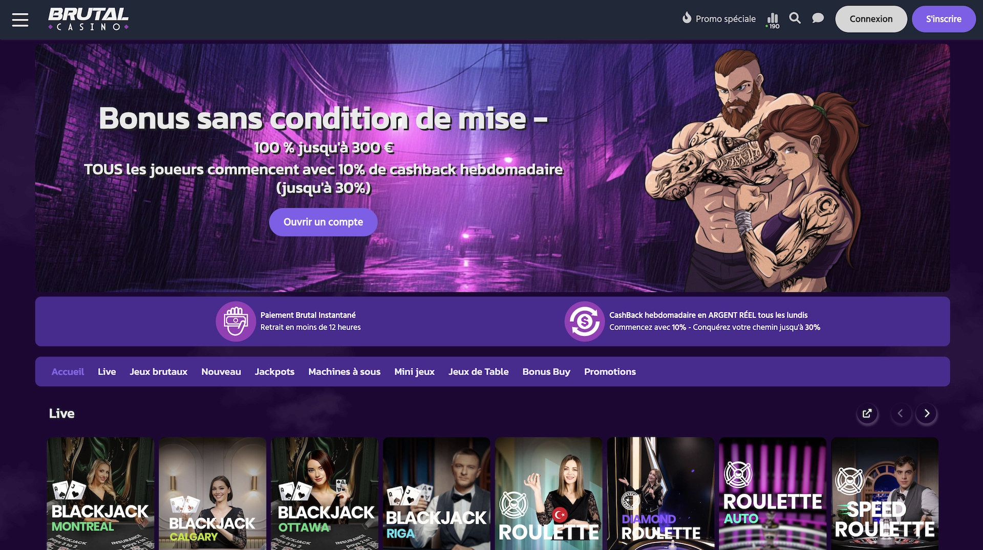 Page d&rsquo;accueil Brutal Casino en fran&ccedil;ais avec le bonus de bienvenue et acc&egrave;s aux sections live, machines &agrave; sous et jackpots.