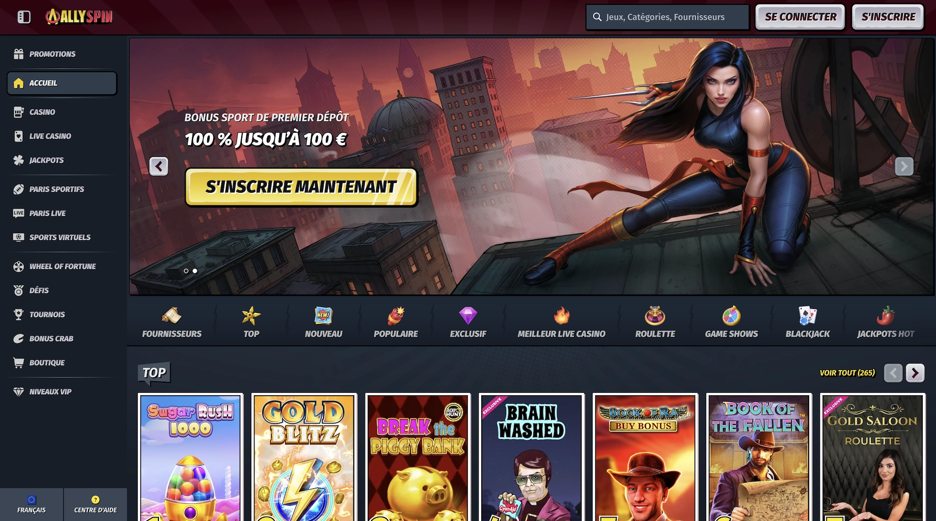 page d'accueil en fran&ccedil;ais de Allyspin Casino