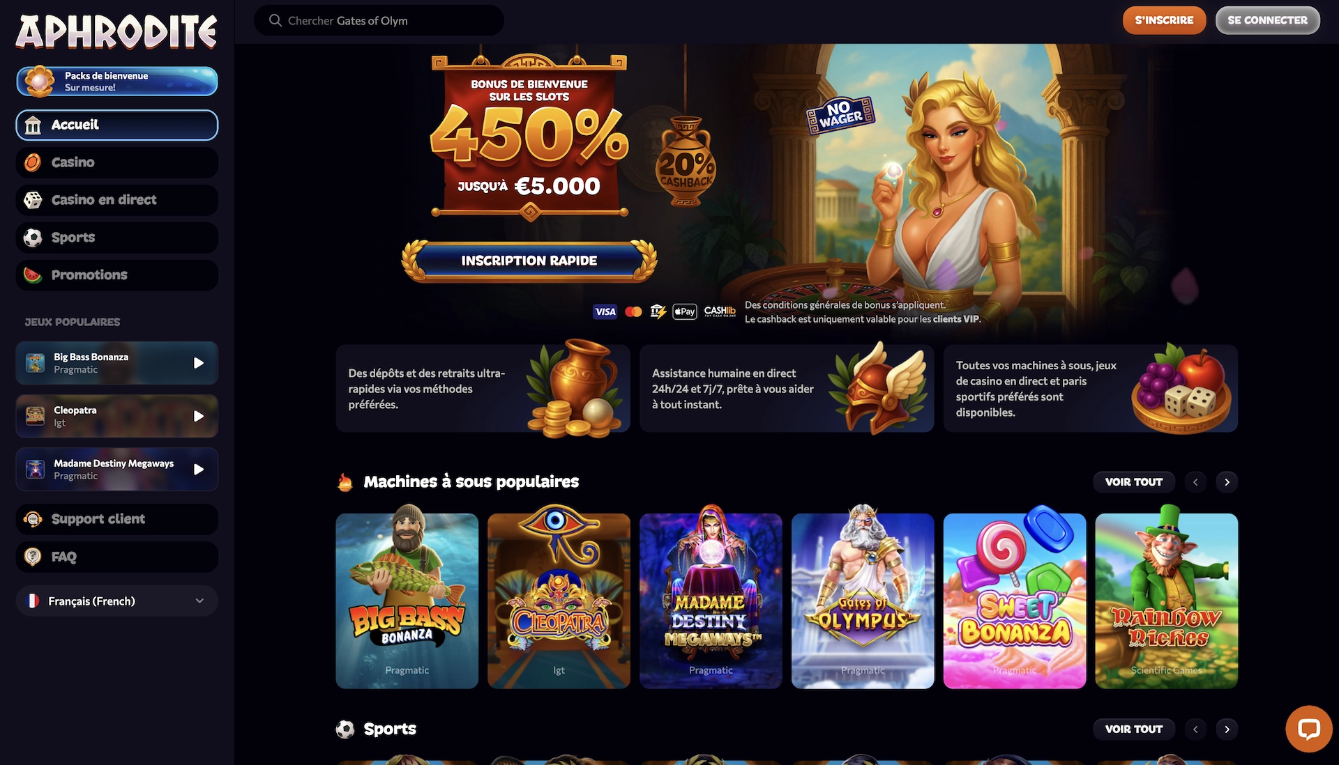 Page d&rsquo;accueil d&rsquo;Aphrodite Casino affichant le bonus de bienvenue 450 % jusqu&rsquo;&agrave; 5 000 &euro; et les jeux populaires.