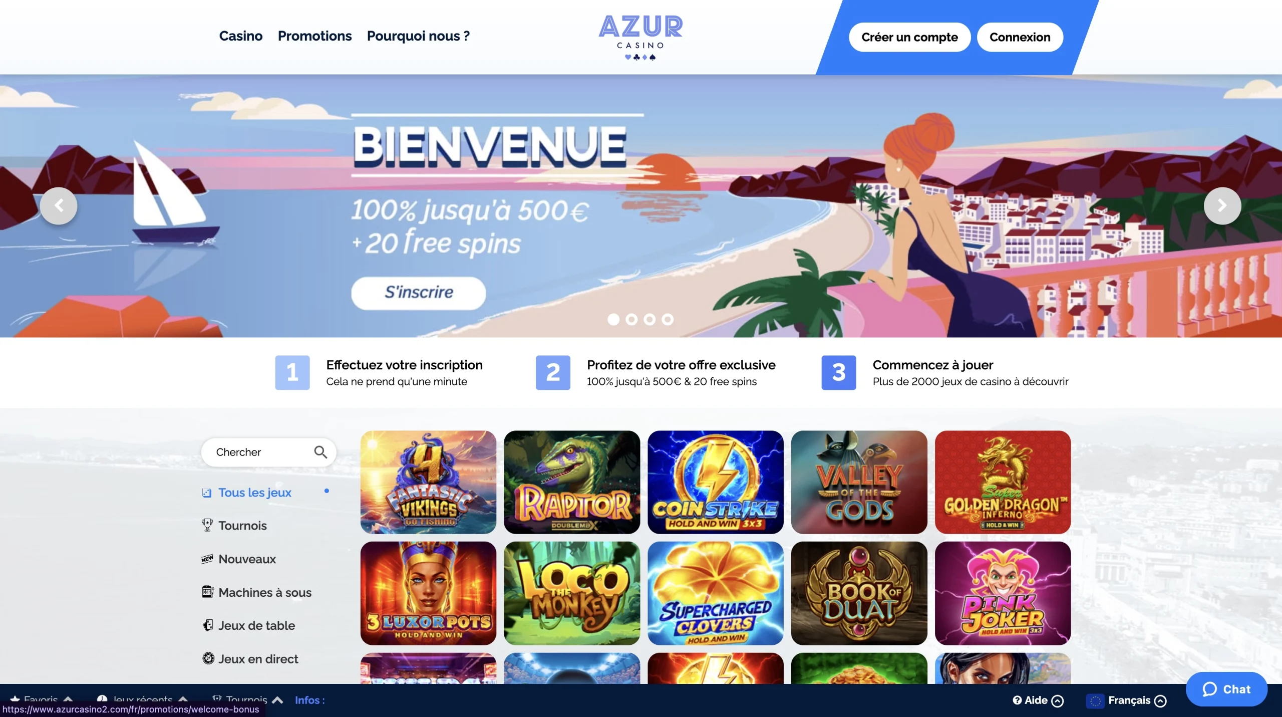 page d'accueil en fran&ccedil;ais sur le casino en ligne Azur