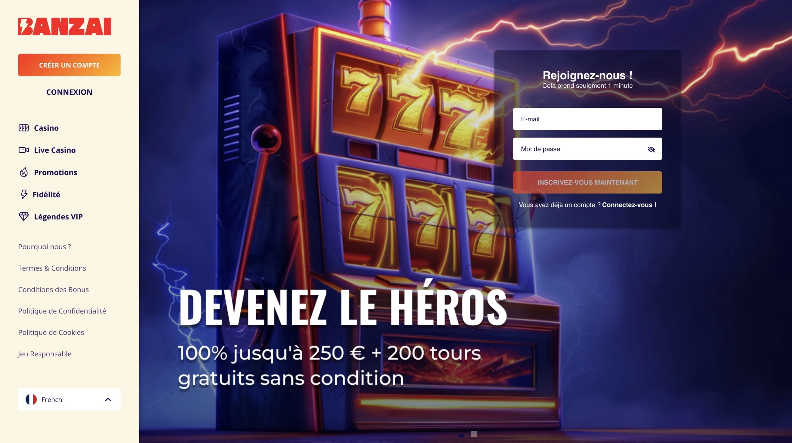 page d'accueil en fran&ccedil;ais de Banzai casino avec un bonus de bienvenue de 100 pourcents jusqu'a 250 euros et 200 tours gratuits