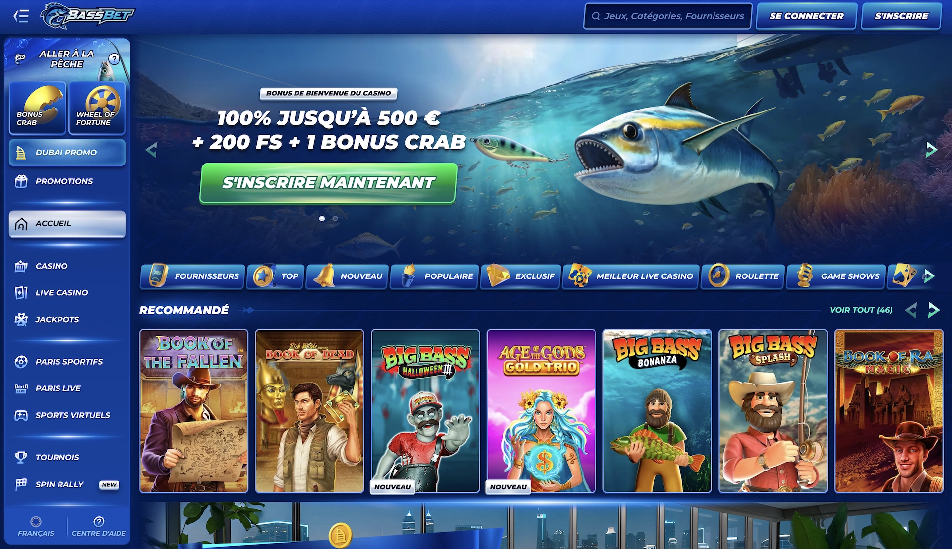 Accueil du site BassBet Casino en fran&ccedil;ais avec le bonus de bienvenue et les jeux populaires recommand&eacute;s