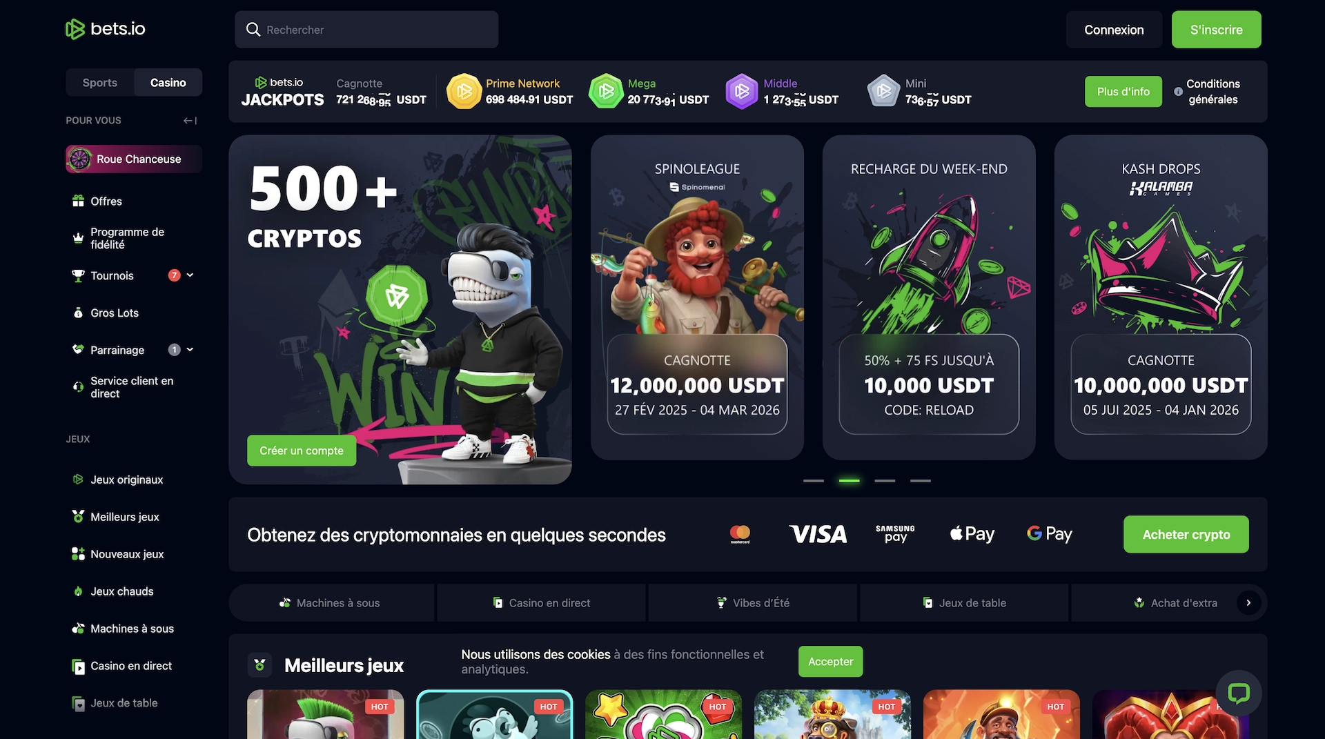 page d'accueil en fran&ccedil;ais du casino en ligne crypto Bets:io avec les bonus et promotions et les meilleurs jeux du site