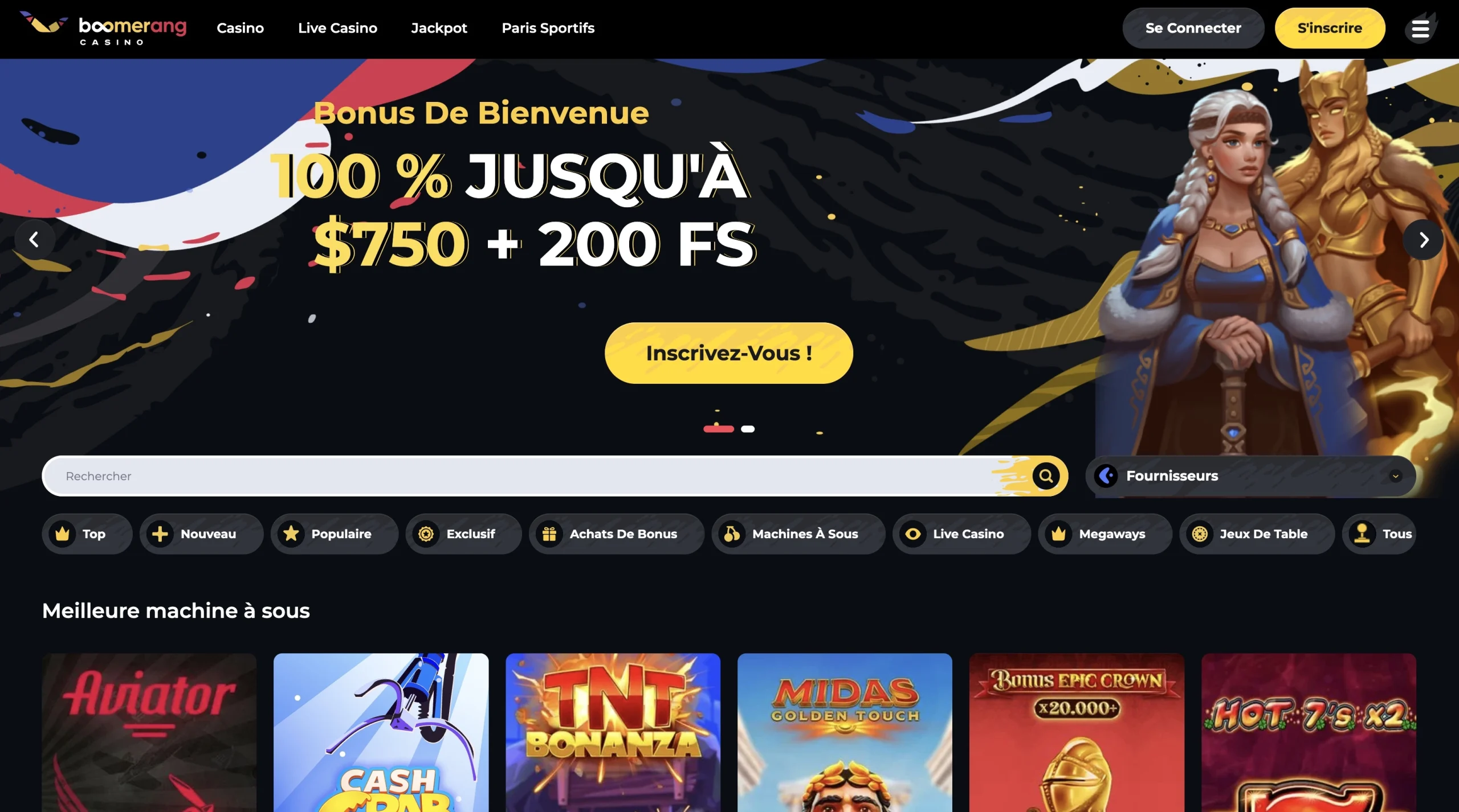 page d'accueil en fran&ccedil;ais de Boomerang casino