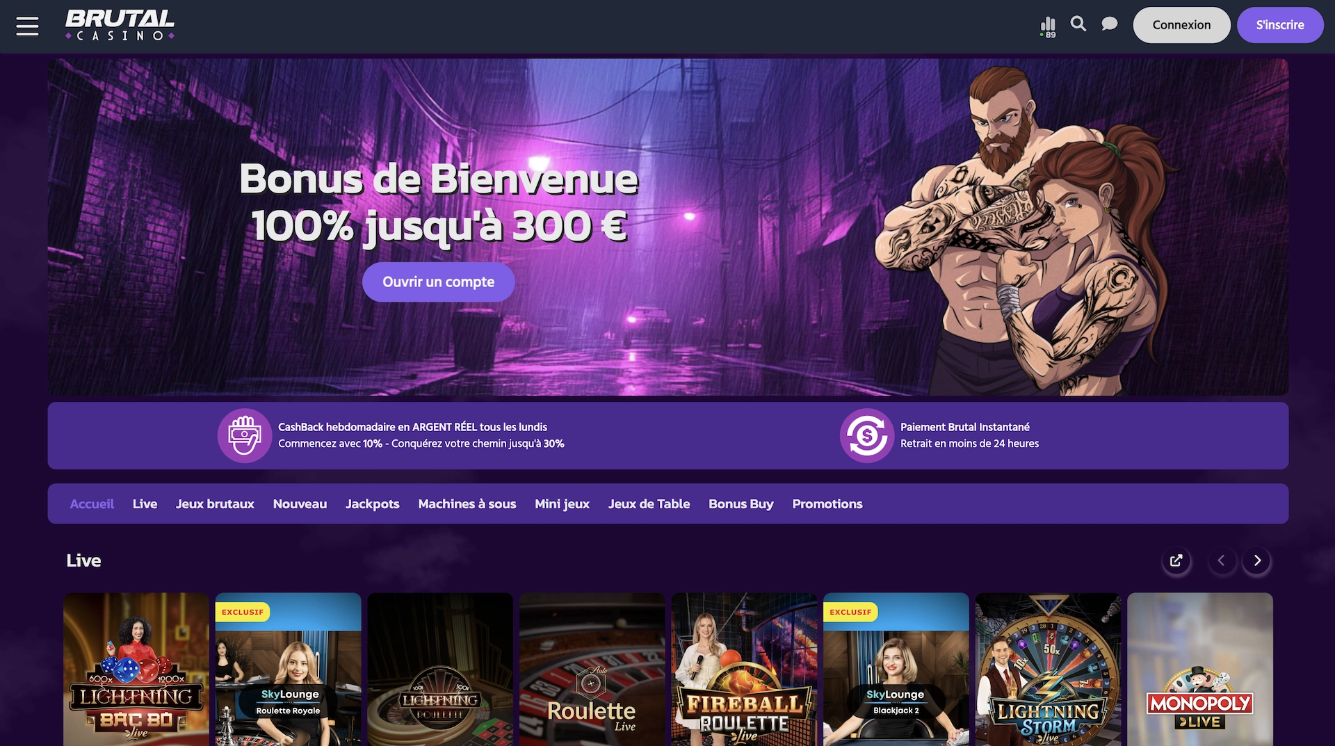 page d'accueil en fran&ccedil;ais du casino en ligne Brutal Casino avec le bonus de bienvenue et les jeux de casino live du site