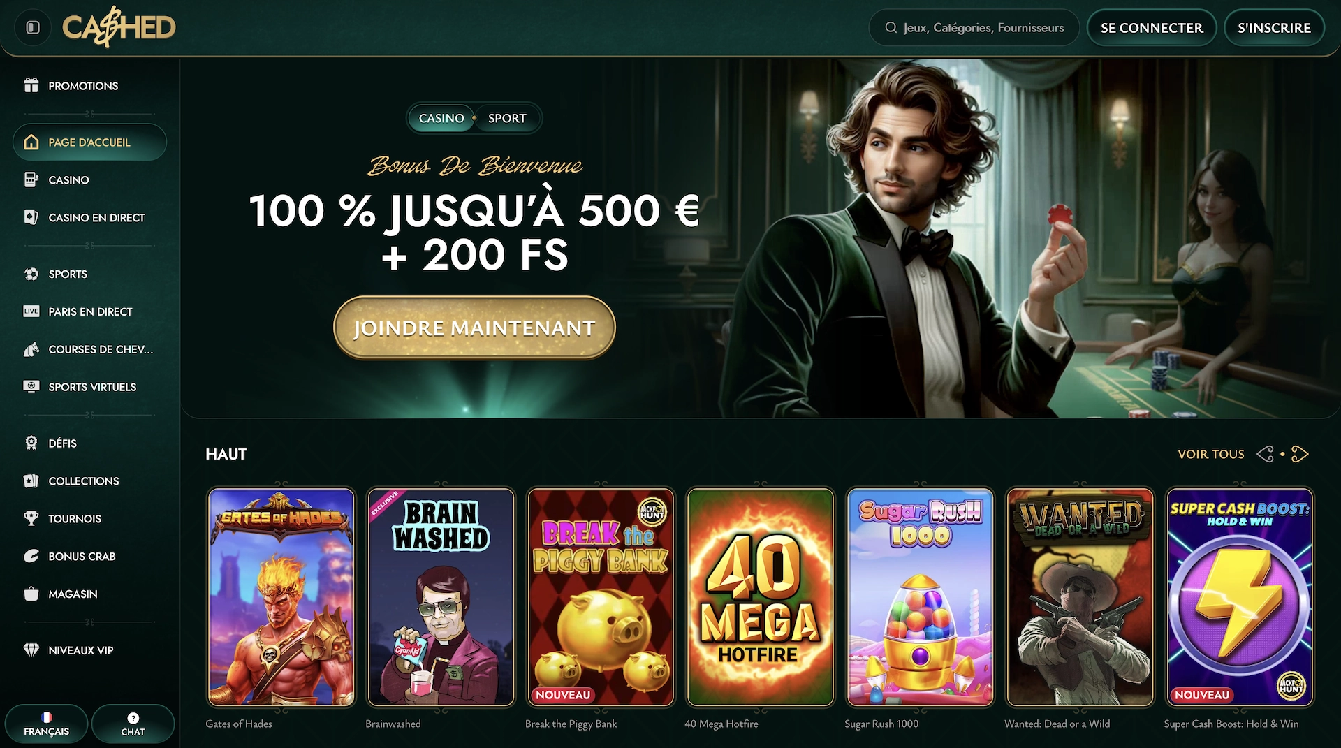 page d'accueil en fran&ccedil;ais du casino en ligne Cashed avec le bonus de bienvenue et les tops jeux du site