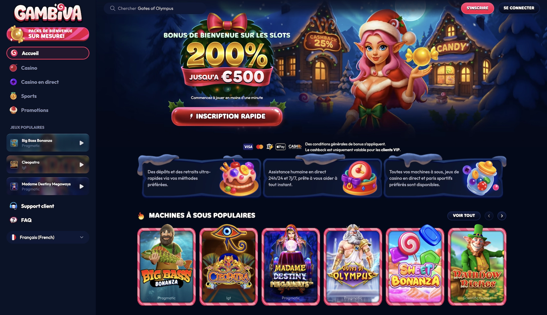 Page d’accueil en français de Gambiva Casino avec bonus machines à sous et jeux populaires