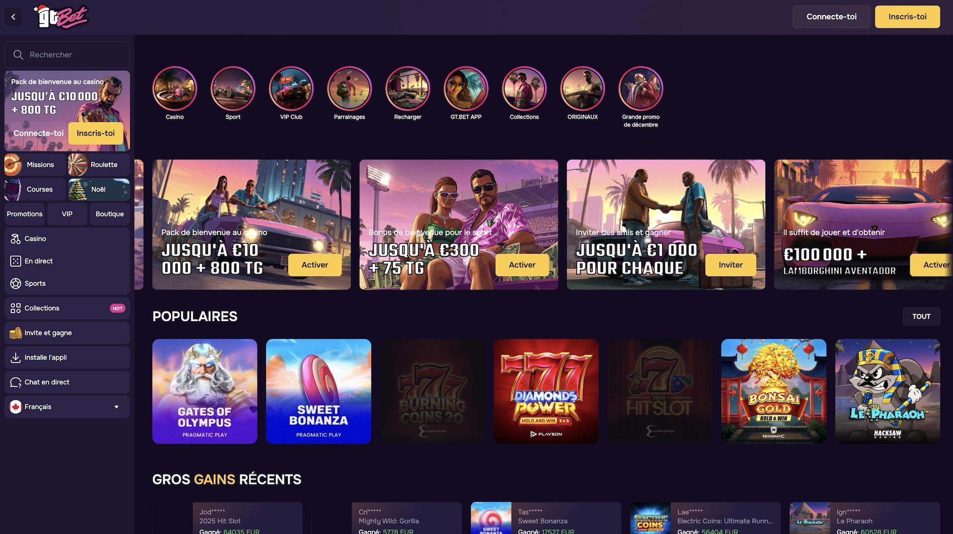 Capture d’écran de la page d’accueil du casino en ligne GTBet en français, montrant le pack de bienvenue jusqu’à 10 000 € et 800 tours gratuits, les bonus sportifs, les offres de parrainage et les jeux populaires comme Gates of Olympus, Sweet Bonanza et Bonsai Gold.