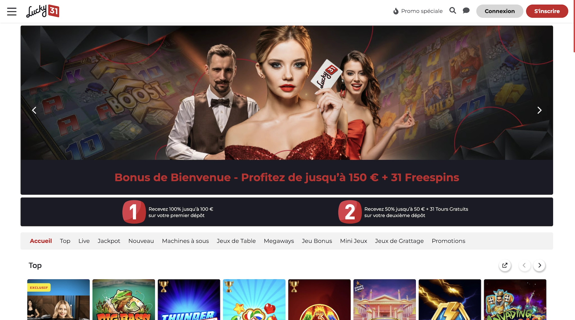 page d'accueil du casino Lucky31 en fran&ccedil;ais avec le bonus de bienvenue, les categories de jeux, et le top des jeux du site