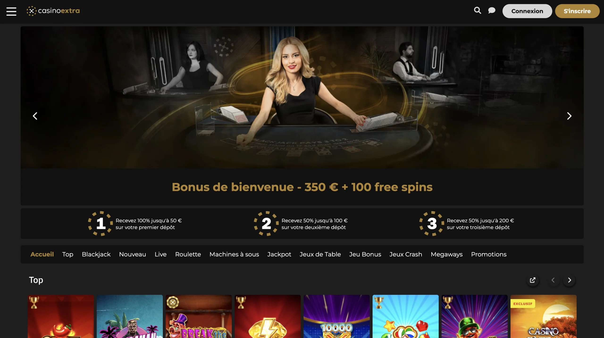 page accueil fran&ccedil;ais de Casino extra avec le bouns de bienvenue et les top jeux du site