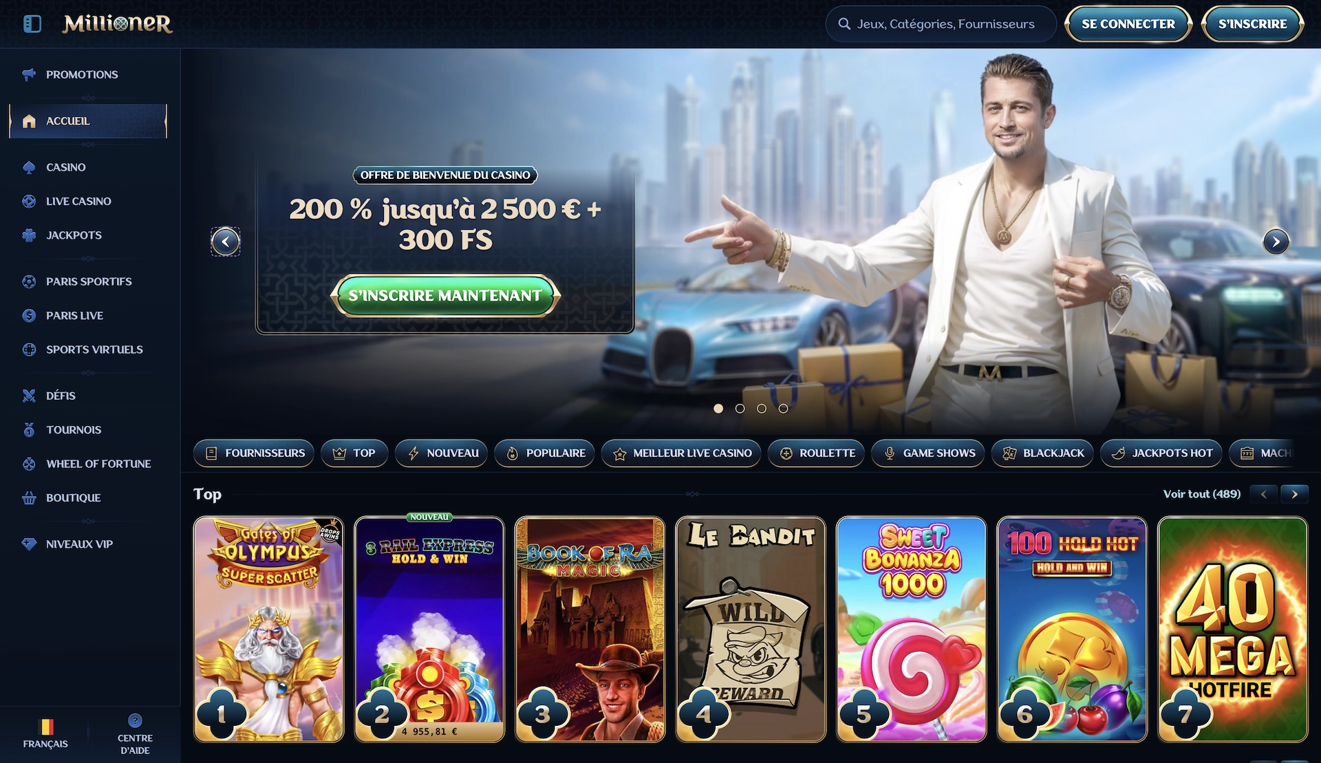 screenshot de la page accueil en fran&ccedil;ais du casino en ligne Millioner