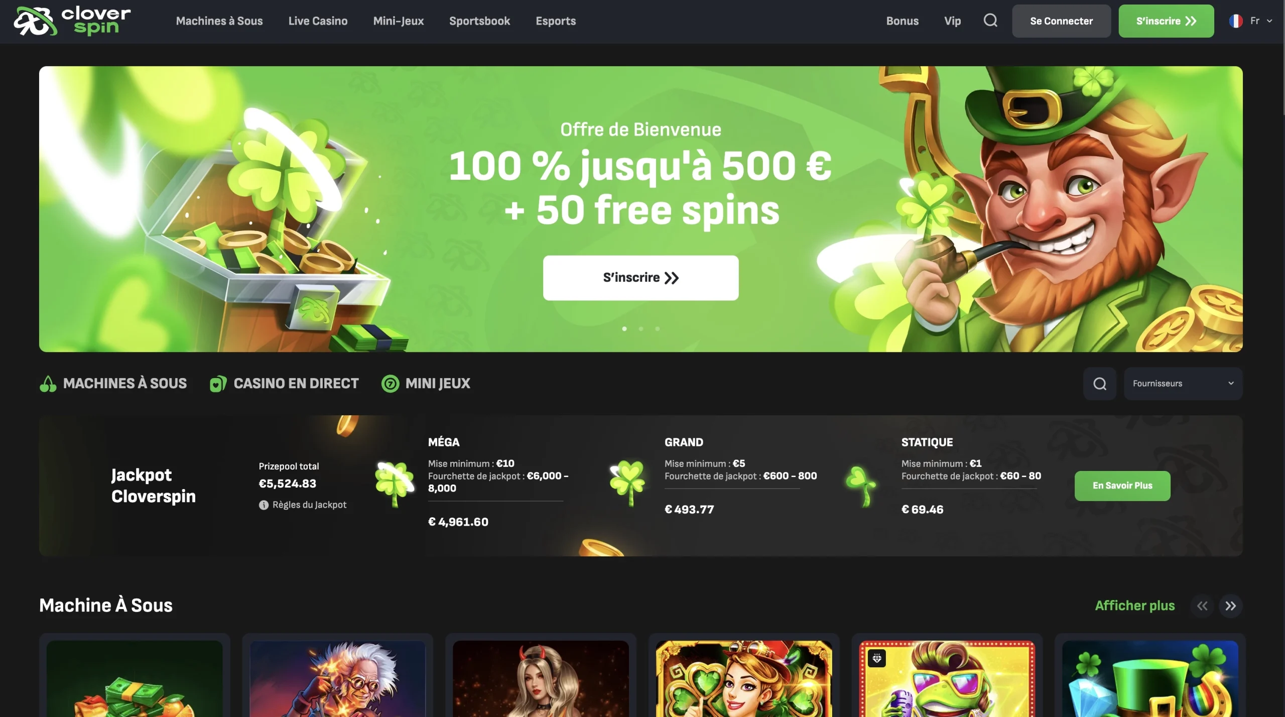 page d'accueil en fran&ccedil;ais de Cloverspin casino