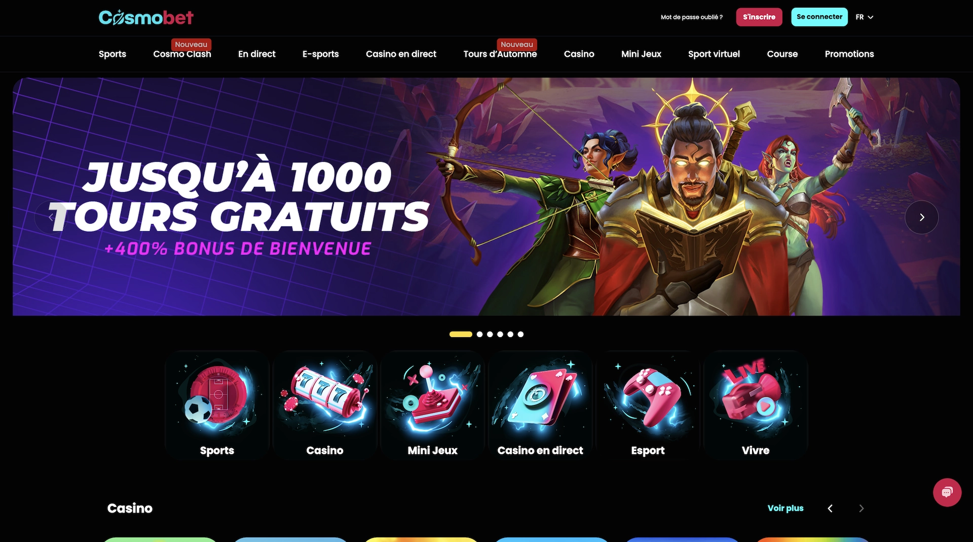 Page d&rsquo;accueil de Cosmobet Casino en fran&ccedil;ais montrant les cat&eacute;gories de jeux et le bonus principal