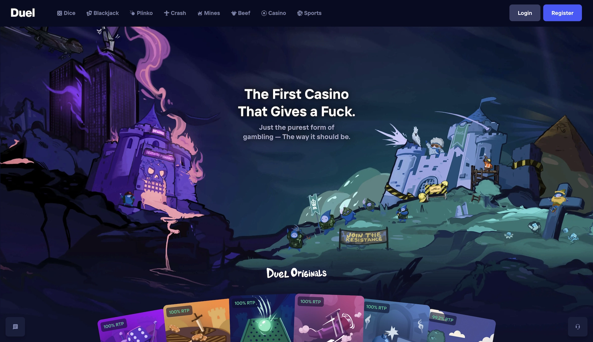 Page d&rsquo;accueil du casino crypto Duel.com, le site promu par Andrew Tate, affichant son univers cartoon et son slogan provocateur.