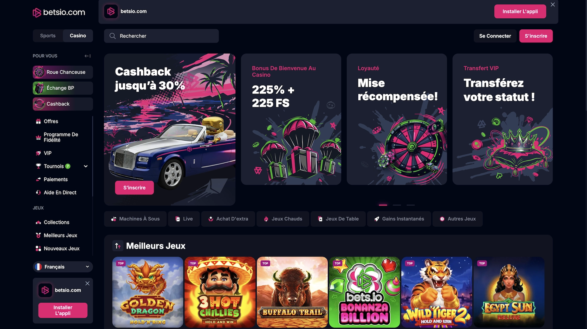 Page d’accueil de Betsio Casino en français affichant les bannières cashback, bonus de bienvenue et navigation casino
