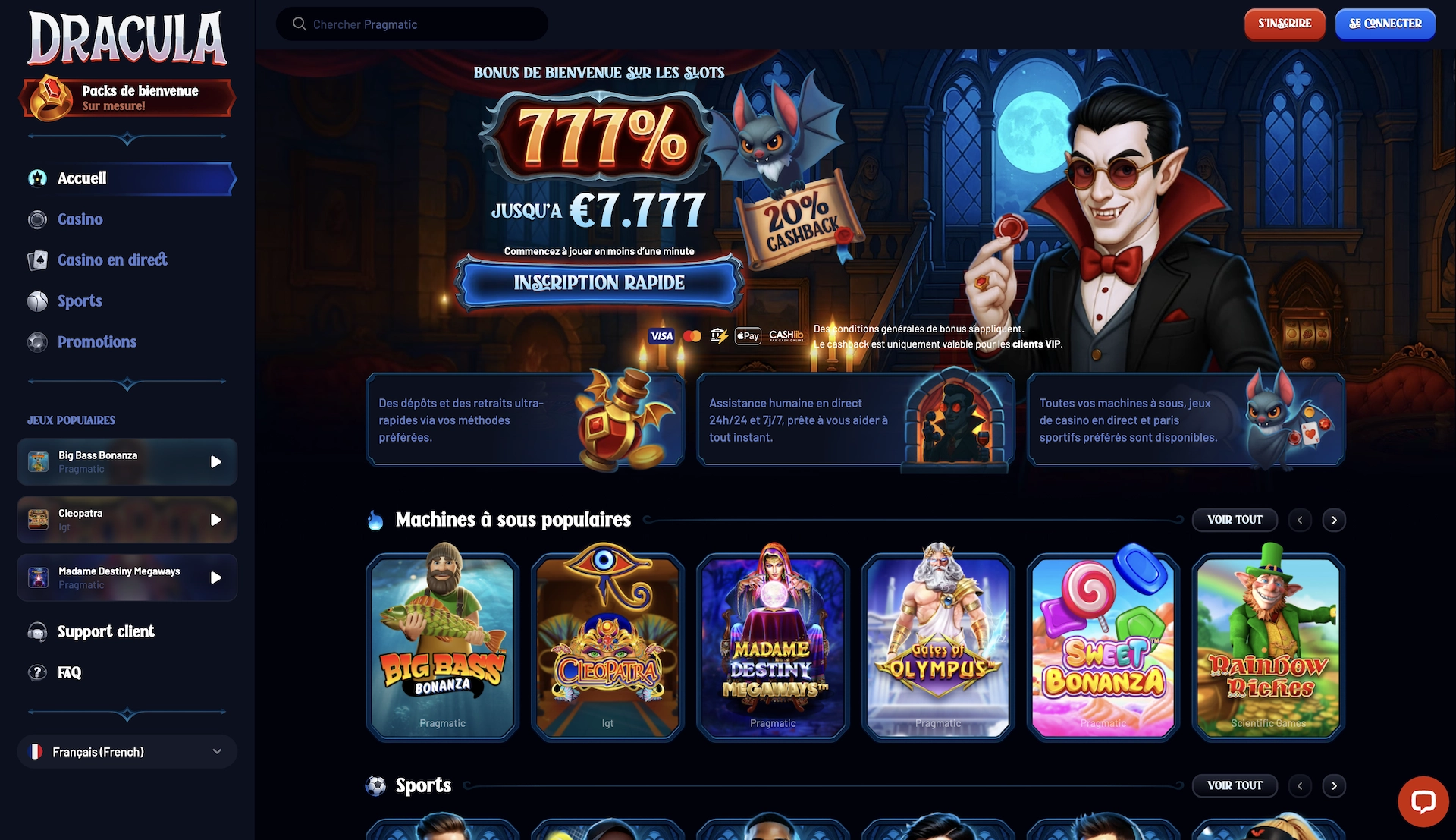 Page d&rsquo;accueil de Dracula Casino en fran&ccedil;ais affichant le bonus de bienvenue, les jeux populaires et les sections principales du site