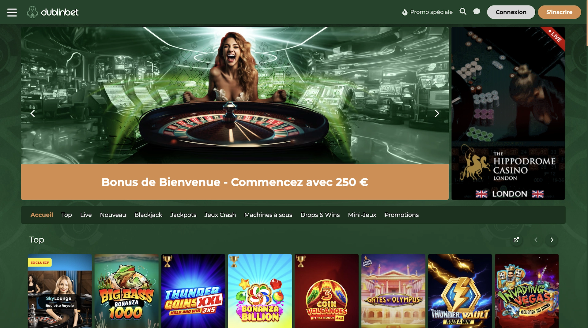 Page d&rsquo;accueil en fran&ccedil;ais de Dublinbet avec aper&ccedil;u des jeux populaires et bonus de bienvenue.
