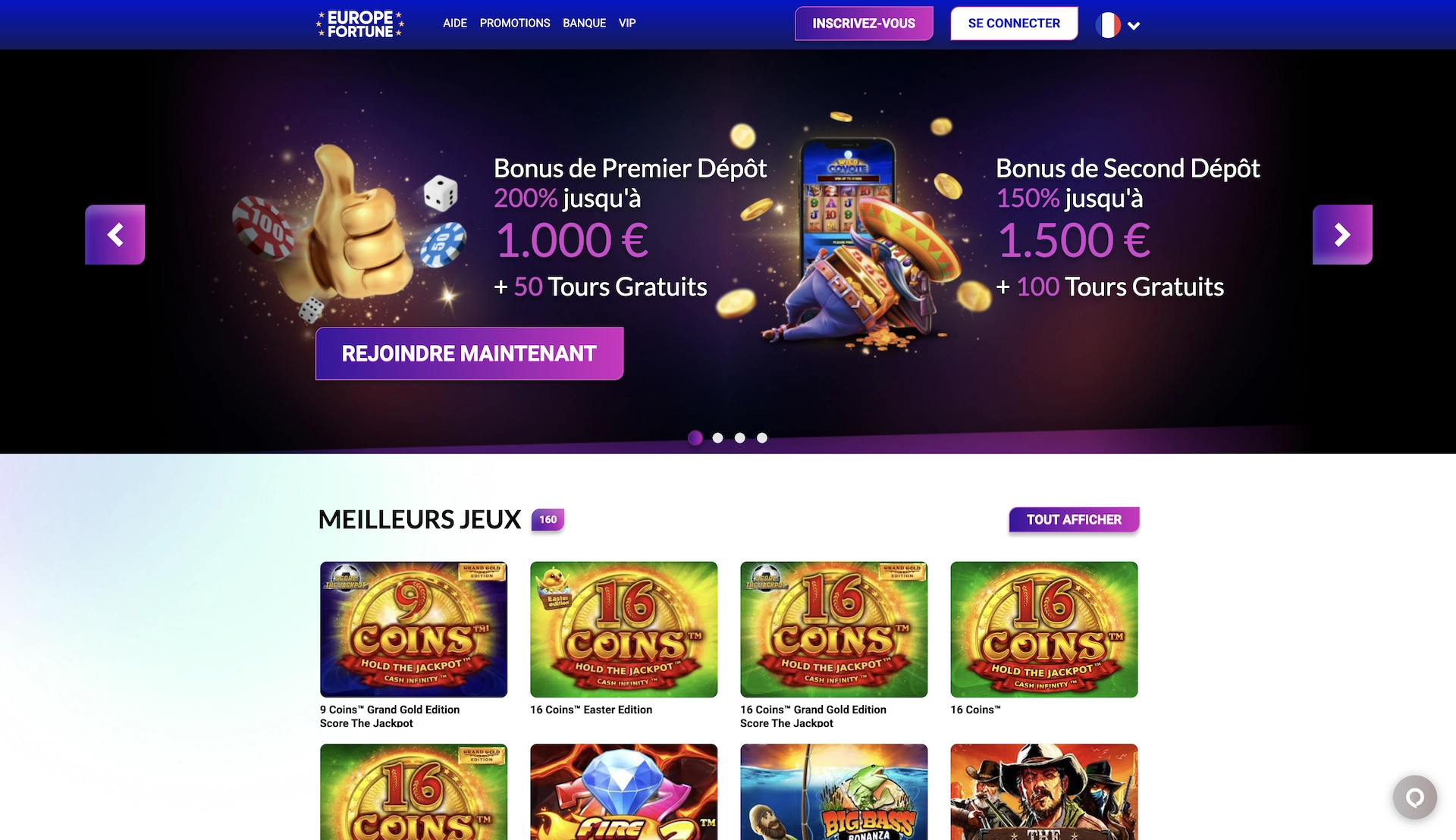 page accueil en fran&ccedil;ais du casino Europe Fortune avec le bonus de bienvenue et les meilleurs jeux duc asino