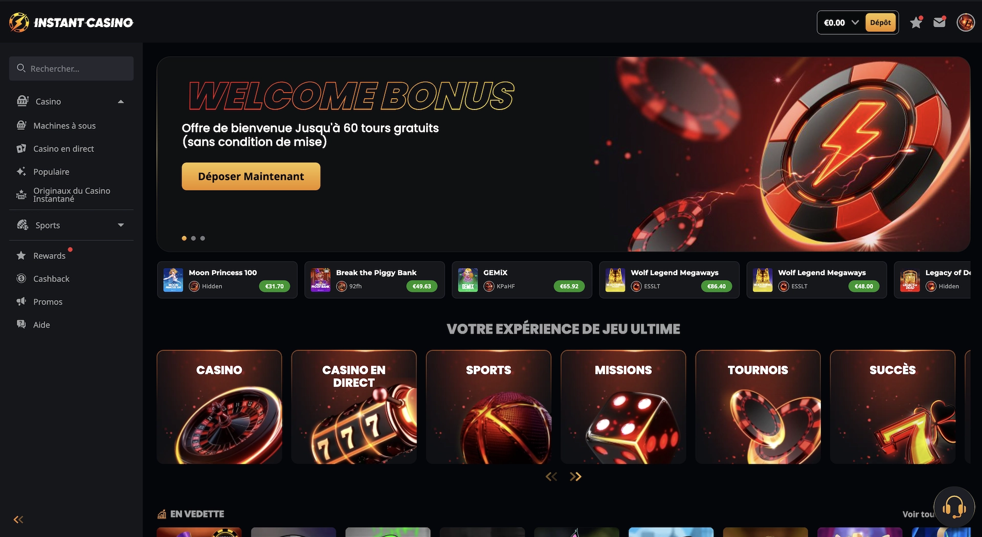 Page d’accueil d’Instant Casino, un casino hybride avec paiements fiat et crypto