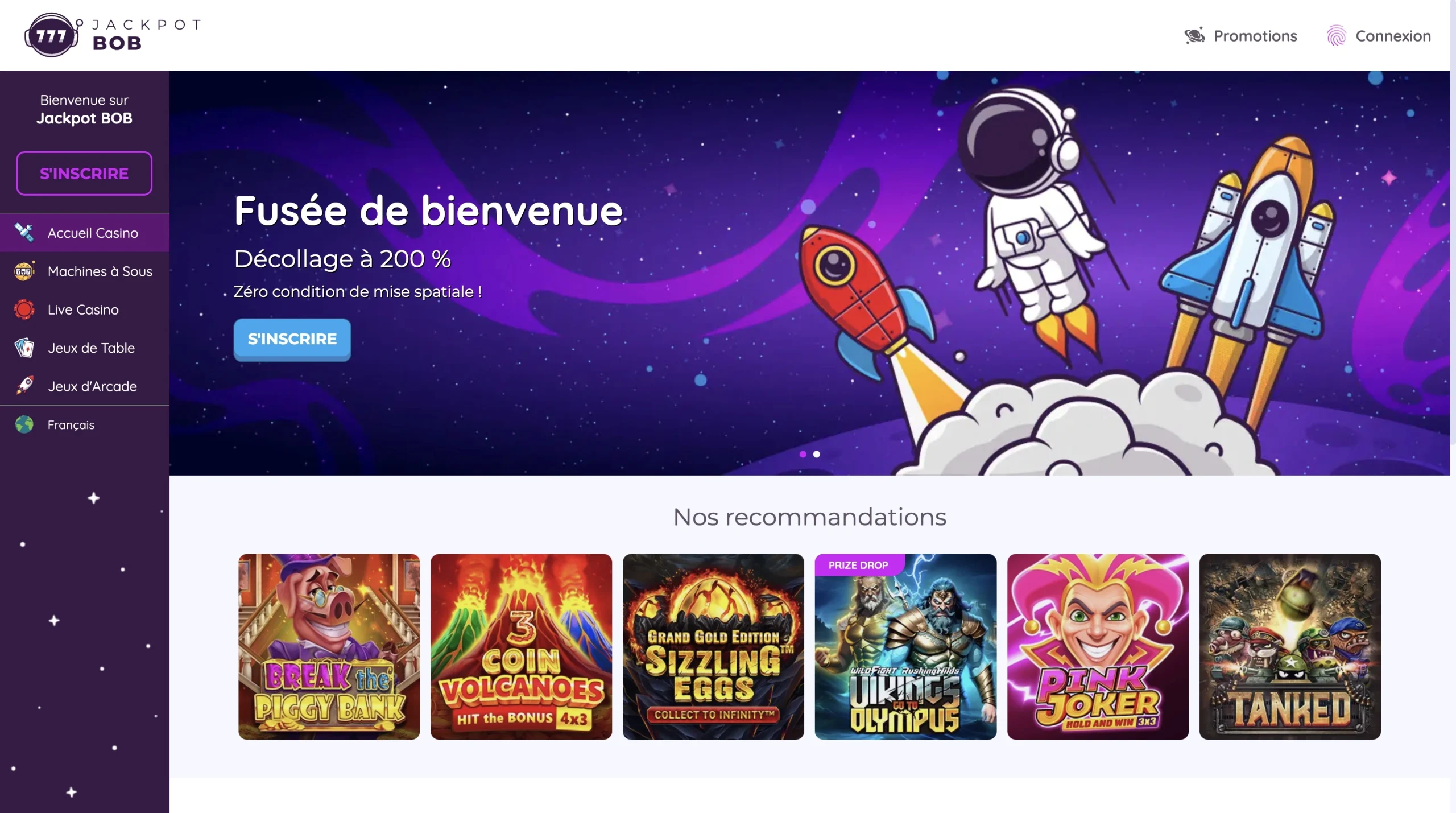 page d''accueil en fran&ccedil;ais de Jackpot Bob avec sa fusee de bienvenue avec un bonus de 200 pourcents