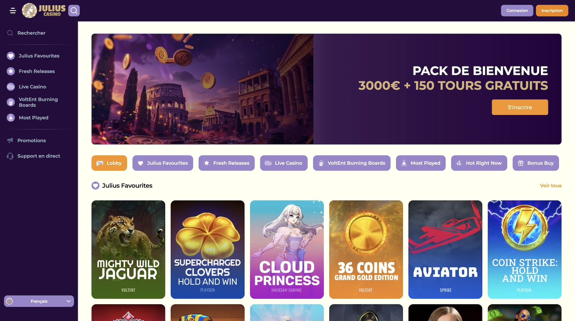 page d'accueil en fran&ccedil;ais du casino en ligne Julius casino avec le bonus de bienvenue et les jeux Julius Favourites