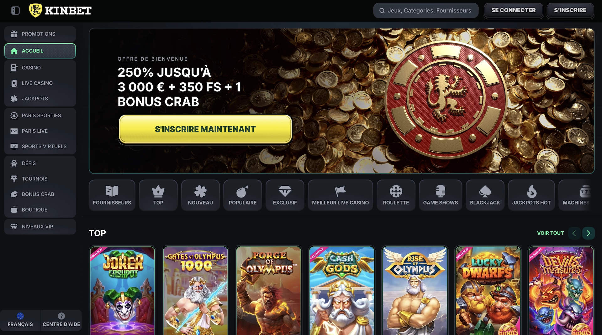 page d'accueil en fran&ccedil;ais du casino en ligne Kinbet