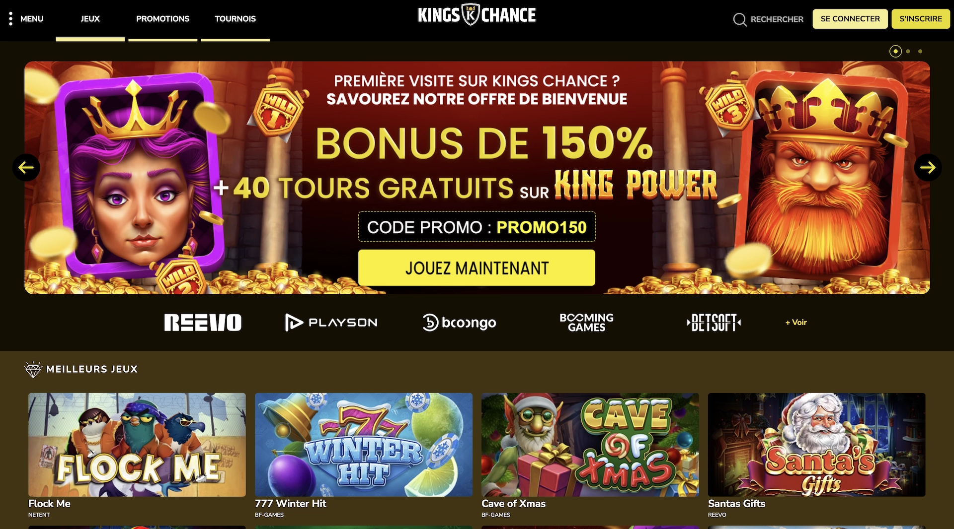 Page d&rsquo;accueil de Kings Chance Casino avec la banni&egrave;re de bienvenue, les jeux populaires et le menu principal en haut de l&rsquo;&eacute;cran