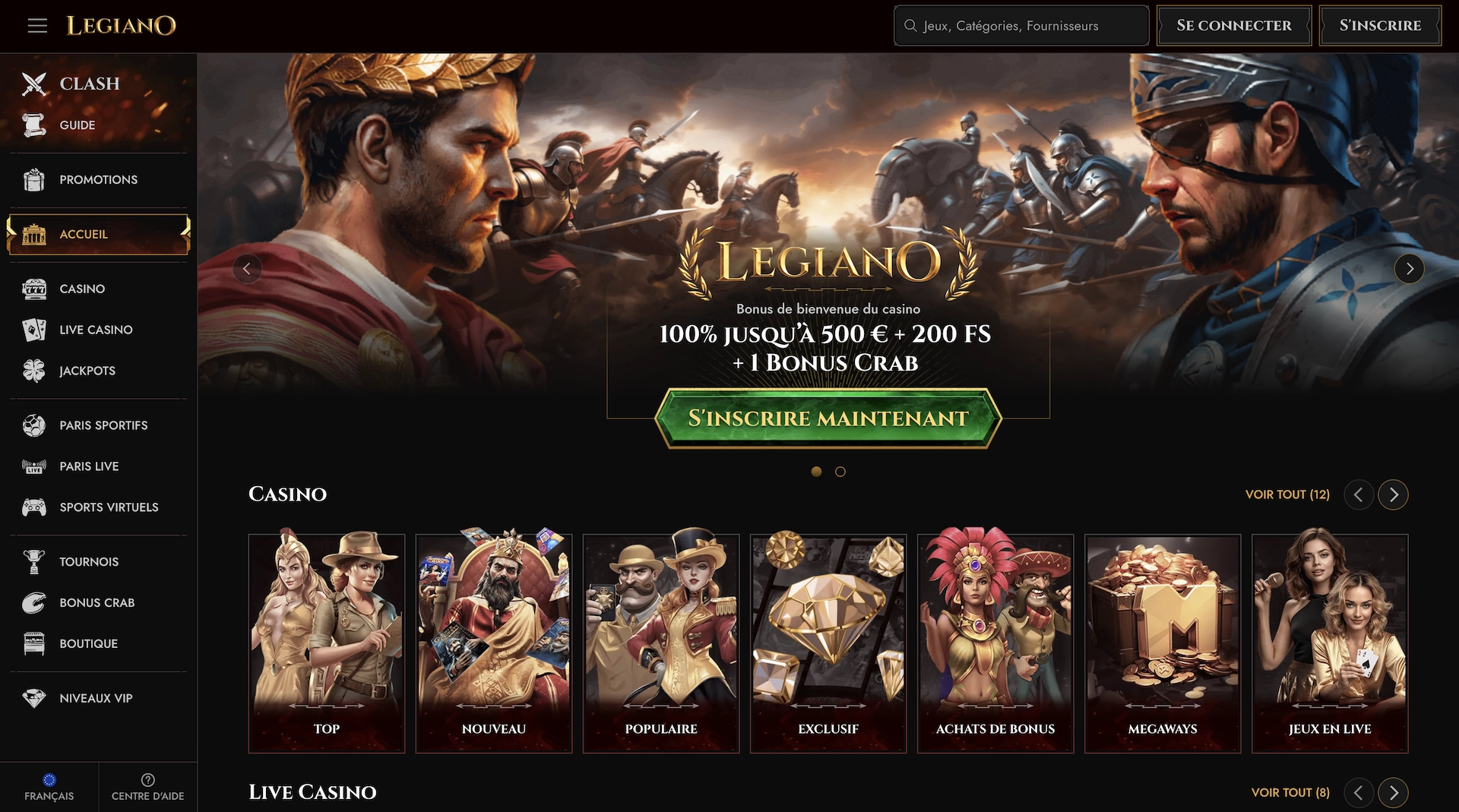 page d'accueil en fran&ccedil;ais de Legiano Casino