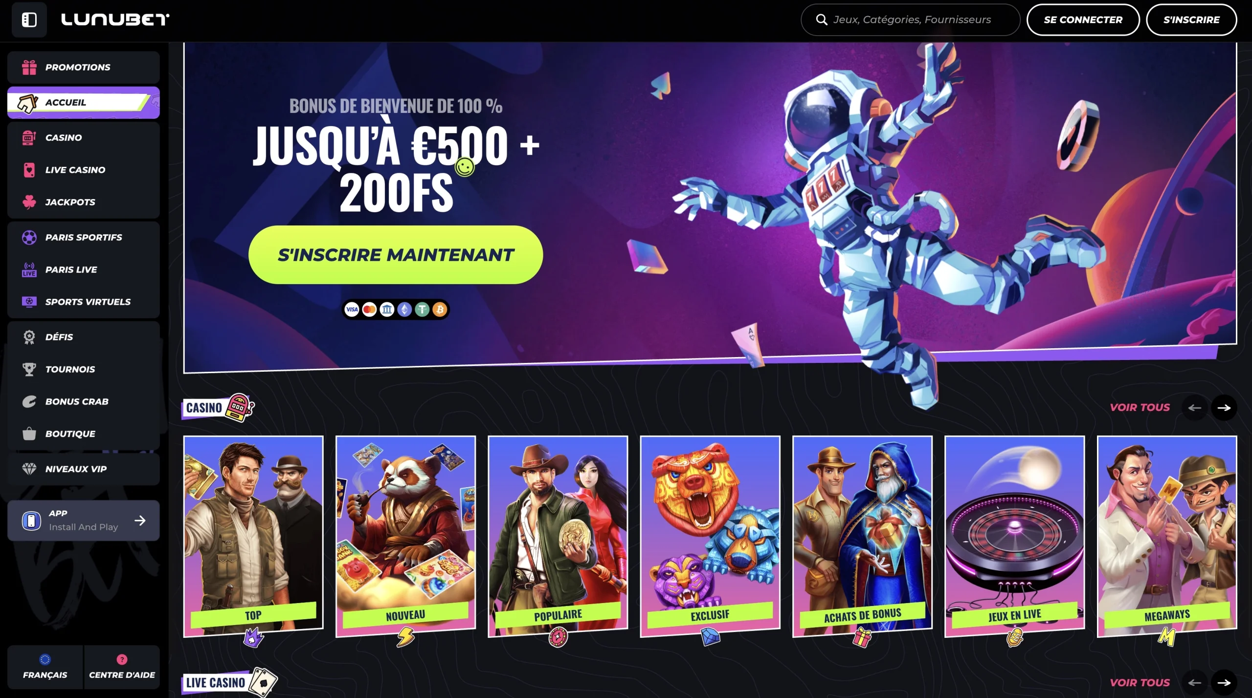 page d'accueil en fran&ccedil;ais de la plateforme de jeu en ligne Lunubet casino