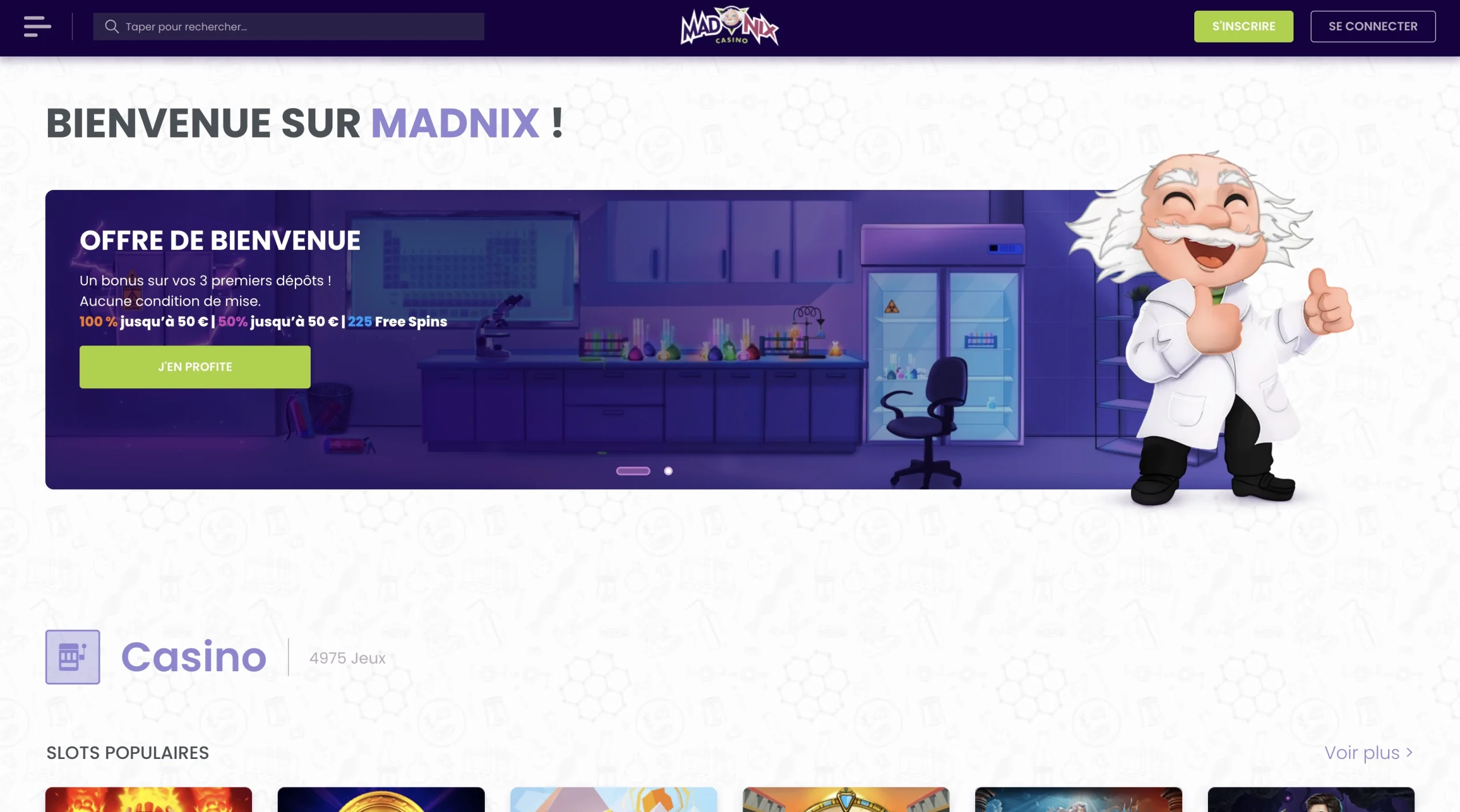 page d'accueil en fran&ccedil;ais du casino en ligne Madnix avec l'offre de bienvenue du site