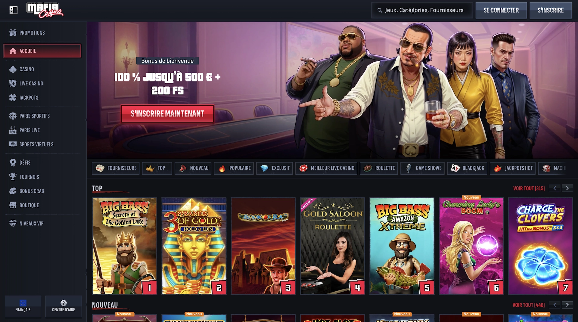 page d'accueil en fran&ccedil;ais de Mafia Casino